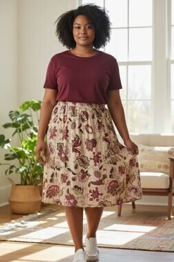 CJ Banks Midi Skirt Linen Plus Size 2X Artsy Floral Cottagecore Romantic Country